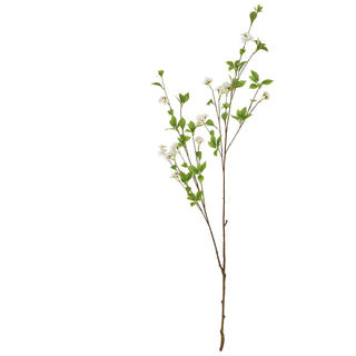 Single artificial mock orange spray with brown stem, green leaves, and white blossoms on a white background.