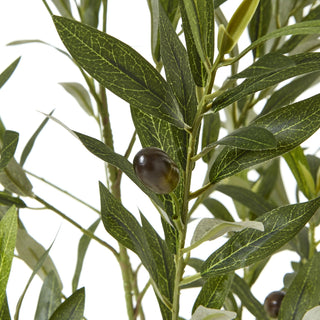 Detailed view of the artificial olive foliage, showing veined green leaves and a single dark olive fruit.