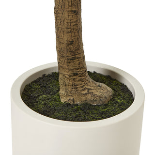Detail of the artificial olive tree trunk base in the white planter, showing the dark faux soil and green moss.