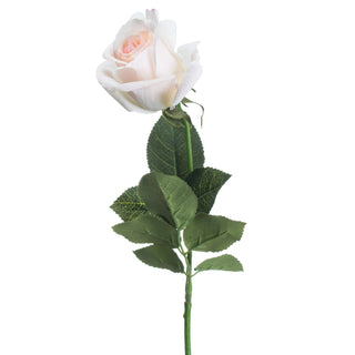 Artificial palest pink rose stem shown front-on against white, displaying the partially open bud and dark green foliage.