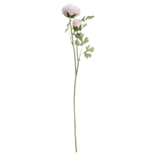 Single artificial pastel pink ranunculus stem with one open flower, one bud, and green leaves against a white background.