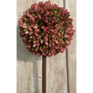 Close-up of the artificial pink allium flower head and stem against a light, weathered wooden background.
