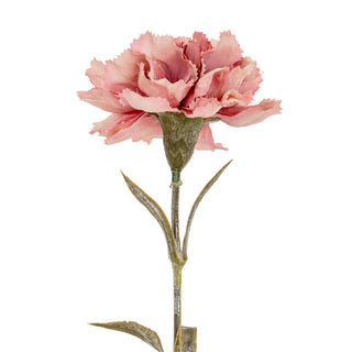 Close-up, plain front-on studio shot of a single artificial pink carnation flower and stem against a white background.