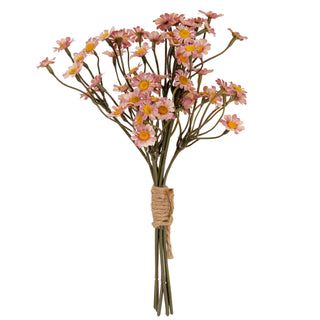 Artificial pink daisy bunch, stems tied together with twine, shot against a white background.