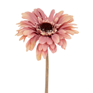 Artificial pink gerbera stem shown front-on against a white background. Dusky rose petals and dark centre.