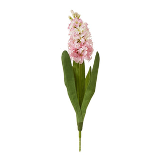 Plain front-on studio shot of a single artificial pink hyacinth stem with green foliage.