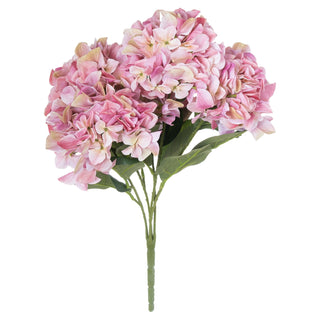 Plain front view of an artificial pink hydrangea bouquet featuring large flower heads and green leaves.
