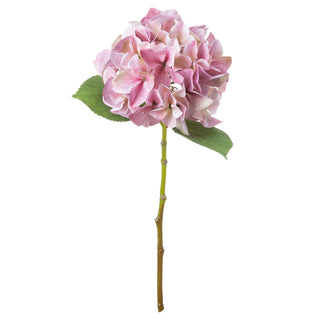 Artificial single pink hydrangea stem with green leaves, shown isolated against a plain white background.