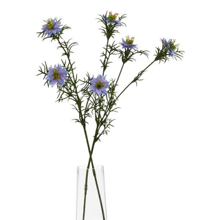 Full view of several artificial purple Nigella stems displayed in a clear rectangular vase.