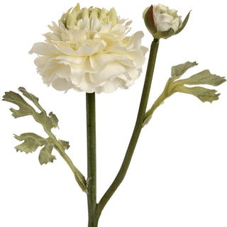 Creamy white artificial ranunculus spray with a large bloom, a smaller bud, and two textured green leaves.