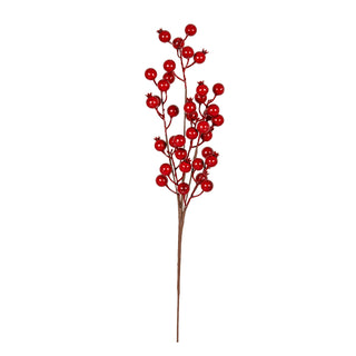 Artificial branch spray with clusters of glossy red berries on brown stems. Plain front-on product shot.