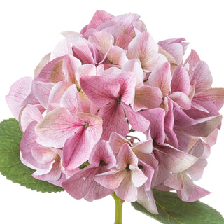 Detailed view of the artificial pink hydrangea flower cluster against a white background.
