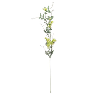 Full length view of the artificial sweet pea stem with lime green flowers and trailing foliage.