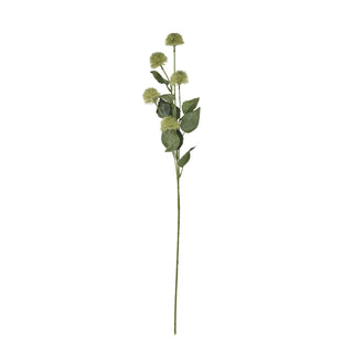 Artificial thistle stem with multiple green globe flower heads and leaves against a plain white backdrop.