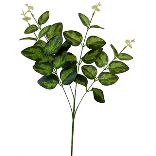 Plain front-on view of the artificial spray featuring variegated dark and light green rounded leaves and small cream buds.