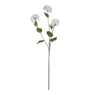 Single artificial viburnum stem with three white flower clusters and green foliage, displayed vertically.
