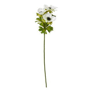 Single artificial stem with three white anemone flowers, black centres, and green leaves.
