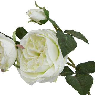 Close detail of the artificial white rose bloom and bud against a plain white background.