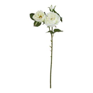 Artificial white rose single stem with two open flowers, a small bud, and green leaves, shown full length against a white background.