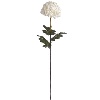 Single artificial white chrysanthemum stem with dark green foliage on a plain white background.
