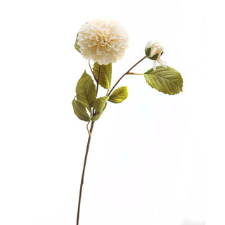 Full view of the artificial dahlia stem with cream bloom, closed bud, and green fabric leaves on a white background.