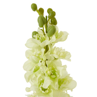Detail shot of the artificial delphinium showing open pale green blossoms and closed green buds.