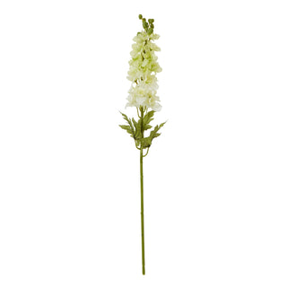 Single artificial white delphinium flower spike with green stem and leaves on a white background.