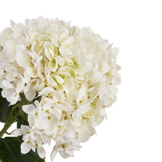 Close-up of the artificial white hydrangea bloom showing the layered petals and subtle green colouration.