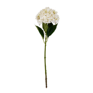 Single artificial white hydrangea stem with a large flower head and two dark green leaves.