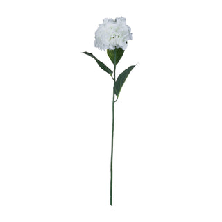 Single artificial white hydrangea stem with green leaves shown vertically on a plain white background.