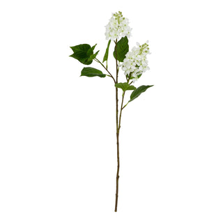 Plain front-on product view of the artificial white lilac stem with two flower heads and green leaves.