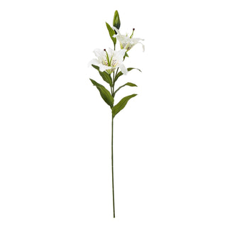 Artificial white lily spray with two open flowers, one closed bud, and green leaves on a long stem.