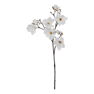 Artificial white magnolia stem with several open flowers featuring yellow centres and closed buds, displayed front-on.