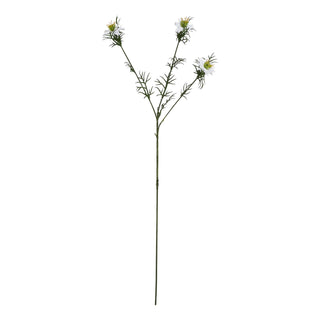 Plain front-on shot of the artificial white nigella single stem with green foliage and three blooms.