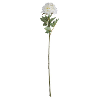 Full length view of the artificial white peony single stem with green leaves, displayed against a plain white background.