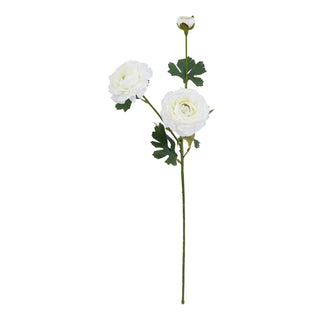Artificial white ranunculus single stem with two open flowers, one closed bud, and dark green leaves, shown front-on.