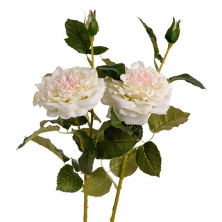 Two artificial white rose stems with ruffled white and pink blooms, green leaves, and closed buds on a white background.