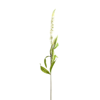 Single artificial white veronica floral stem with green leaves, shown upright on a white background.