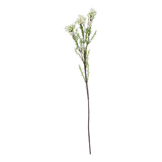 Single stem of artificial white waxflower with small clusters of blooms and sparse green leaves.