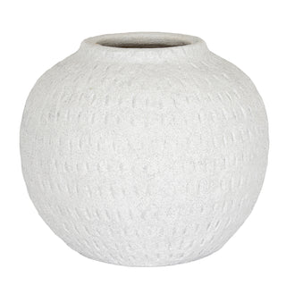 Round ashen vase with a textured, granular surface and horizontal indented dash pattern. Plain front view.