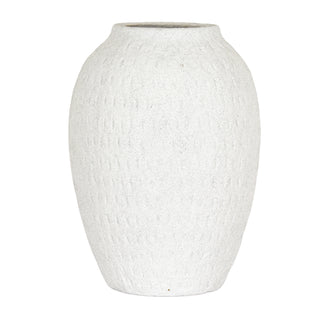 Tall white ceramic vase with an ovoid shape, featuring a rough, speckled surface texture and a faint dashed pattern.