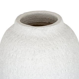 Detail shot of the mouth of the tall white vase, highlighting the speckled texture and rough rim.