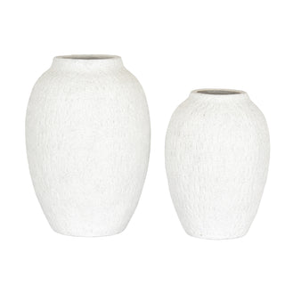 The tall white vase displayed next to a shorter, matching vase to show relative size.