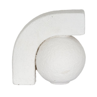 Isolated view of one ashen white ceramic bookend, highlighting the textured sphere and arched bracket.