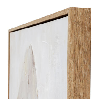 Side view of the framed canvas, showing the depth of the light wood frame and the textured paintwork.