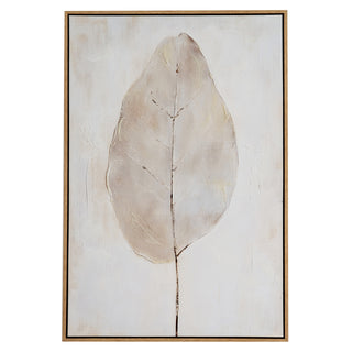 Plain front-on view of the framed canvas artwork showing a large, textured, pale beige leaf shape on a cream background.