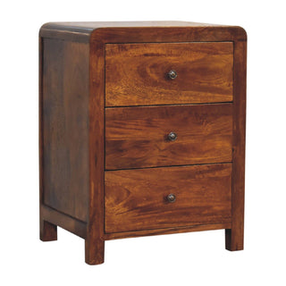 Full view showing the rich, warm brown wood grain and texture of the three drawer fronts.