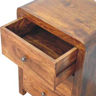 Detail showing the top drawer fully open, revealing the internal wooden construction and drawer box.