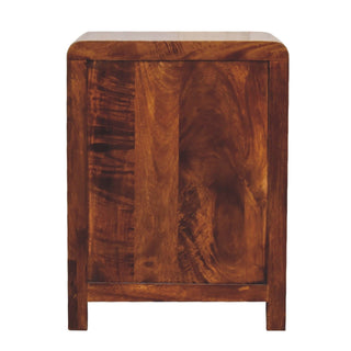 End-on view showing the full depth of the dark wooden side panel and the pronounced vertical grain.