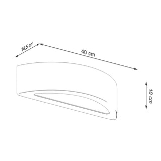 Technical drawing showing the dimensions of the arched wall light: 40 cm length, 10 cm height, 14.5 cm depth.